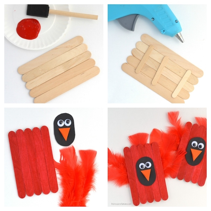 tutoriel bricolage avec batonents de glace pour faire un poussin aux ailes de plumes rouges, bec en papier orange et des yeux mobiles