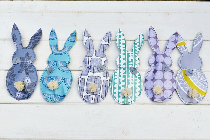 silhouettes de lapins en textile, bricolage de paques pour adultes, six lapins à motifs différents