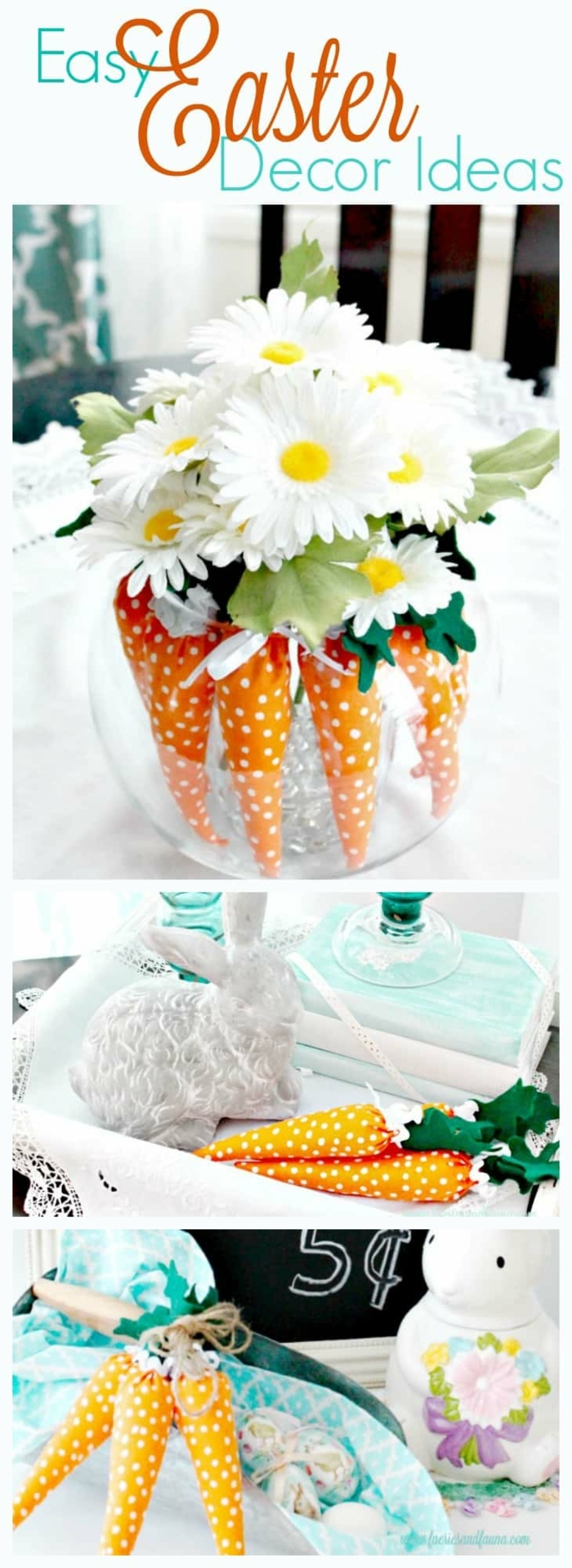 decoration de paques fait maison, carottes en textile et paquerettes blanches, decoration de table pour paques à faire soi-meme
