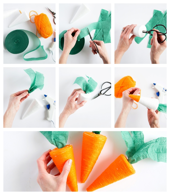 carottes en cônes en mousse et papier vert, fabriquer soi-même des décorations de paques