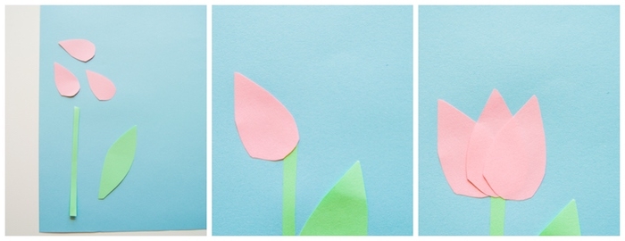 tulipe en papier, comment faire une fleur en papier, pétales roses, tige verte sur fond bleu, fleur étape par étape