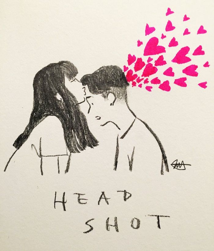 dessin fille et garçon au crayon et es coeurs roses qui s'envolent dans l air, dessin de deux personnes qui s aiment