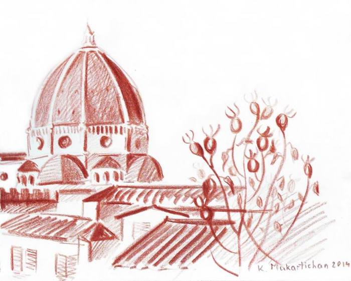 Florence cathédrale et arbre fleurie en avant plan, idée dessin les plus belles villes du monde, dessin facile et beau