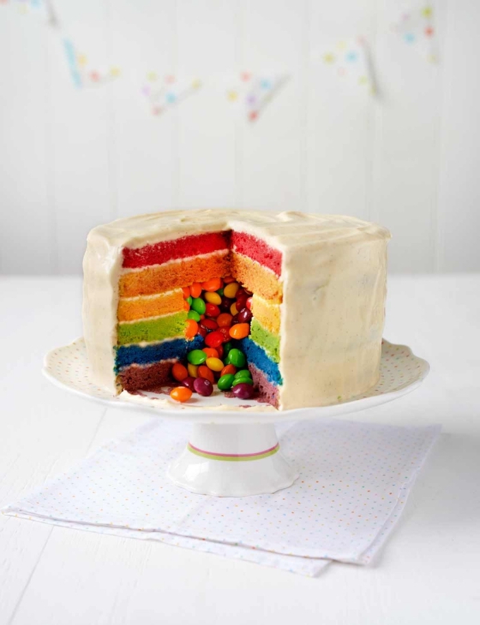 image gateau anniversaire arc-en-cile au coeur de smarties, gâteau d'anniversaire surprise composé de génoises colorées aux couleurs de l'arc-en-ciel