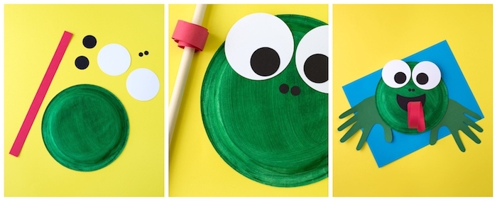 comment faire une grenouille ne assiette de papier repeinte en vert, langue et des yeux en papaier, activité manuelle 2 ans