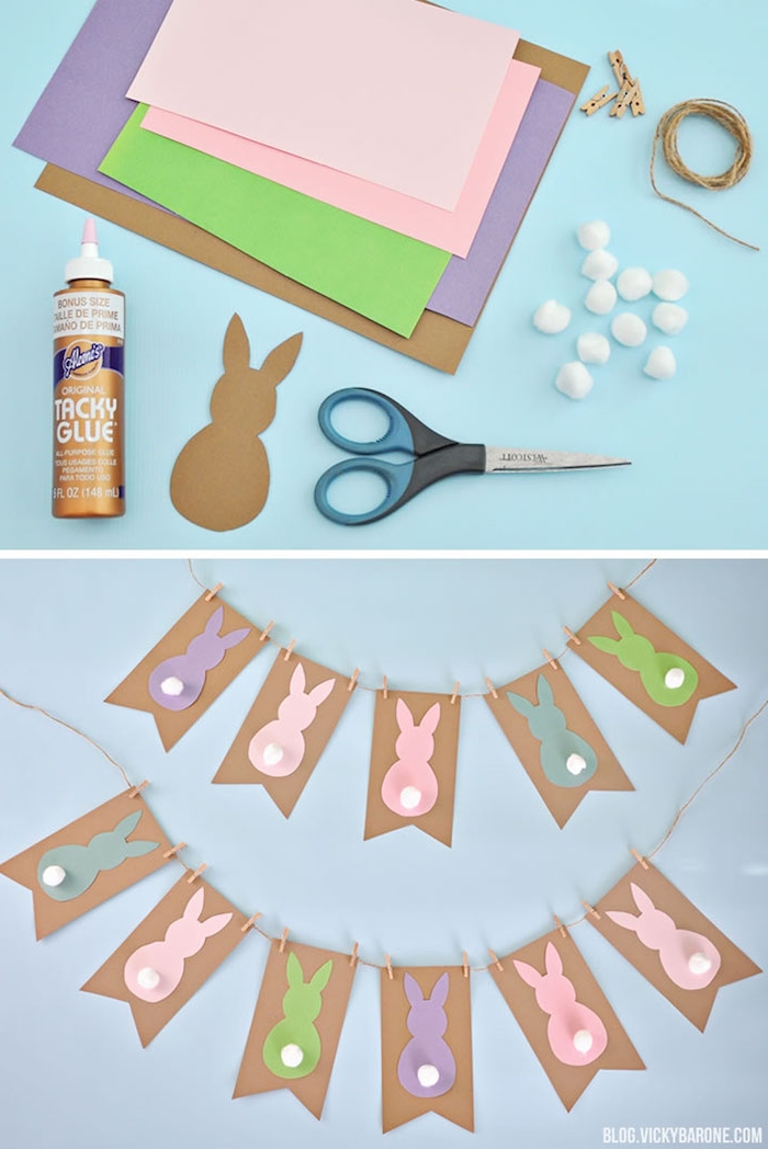 guirlande de papier à motif lapin avec queue en pompon blanc, silhouettes de lapin colorées, décoration de paques à fabriquer