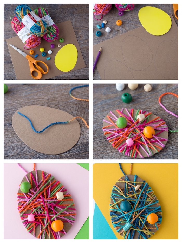 oeuf de paques en carton ondulé avec décoration de fils colorés entrecroisés et perles décoratives, bricolage paques facile