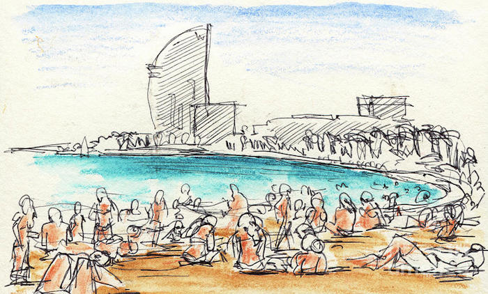 Barcelona plage et hotel w, dessin de paysage, chouette dessin facile a faire et beau, barcelonetta vue de la plage