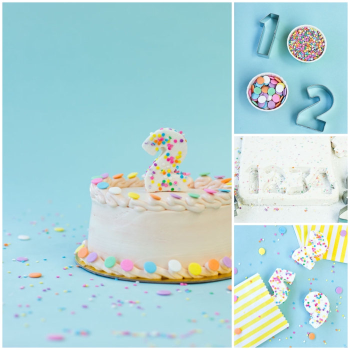 des chiffres découpés dans de la guimauve ornés de confettis en sucre pour une décoration gâteau d'anniversaire facile et originale