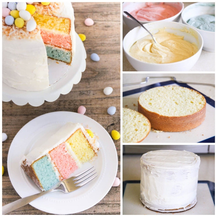 gâteau de pâques arc-en-ciel aux couleurs pastel recouvert de glaçage de crème au beurre et décoré d'un nid d'oiseau en noix de coco