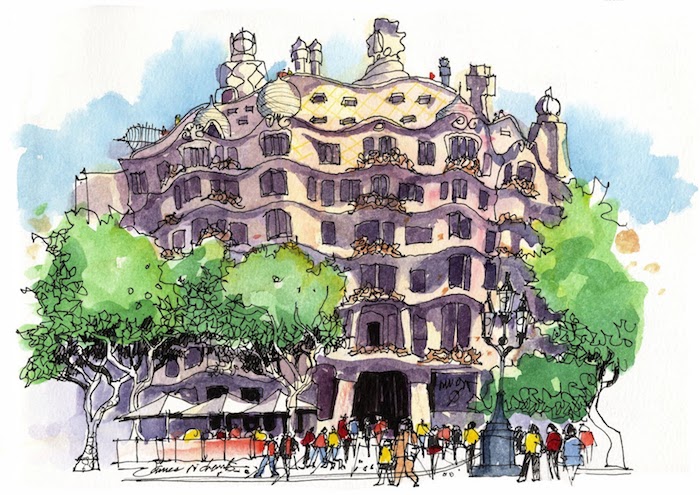 Barcelona beauté, casa Mila de gaudi architecture dessin aquarelle, inspiration dessin facile et beau, dessiner un paysage