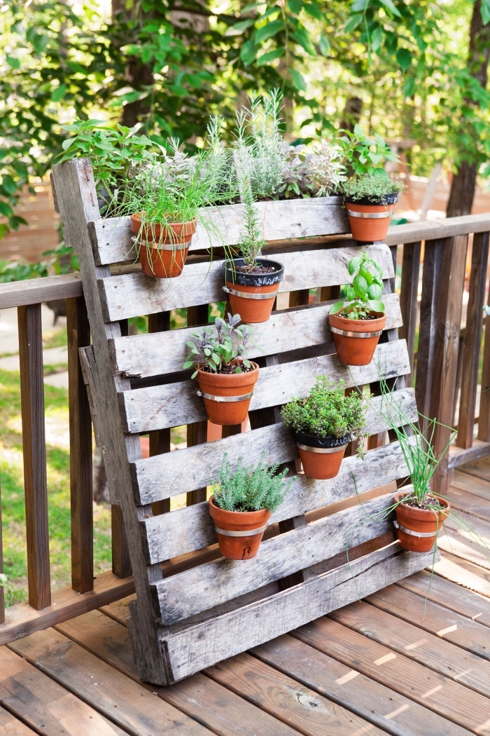 un jardin vertical en palette recyclée sur laquelle on a fixé des pots de plantes aromatiques