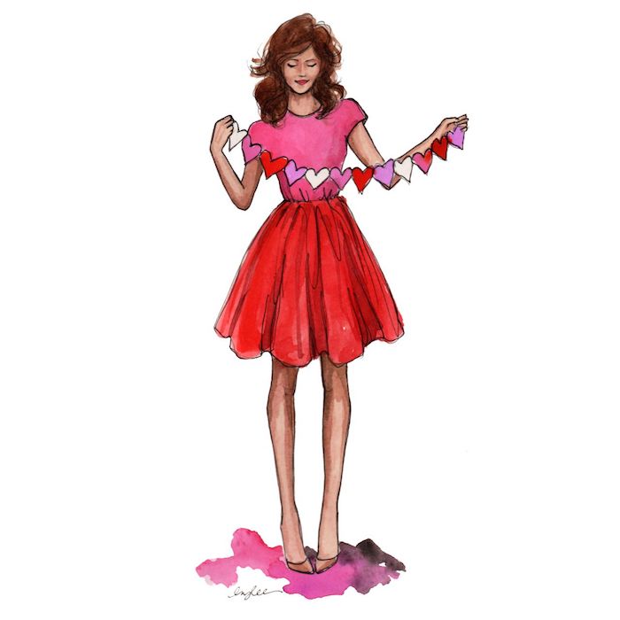 fille en jupe rouge et tee shirt rose avec guirlande de coeurs, cheveux chatain, joyeuse saint valentin image