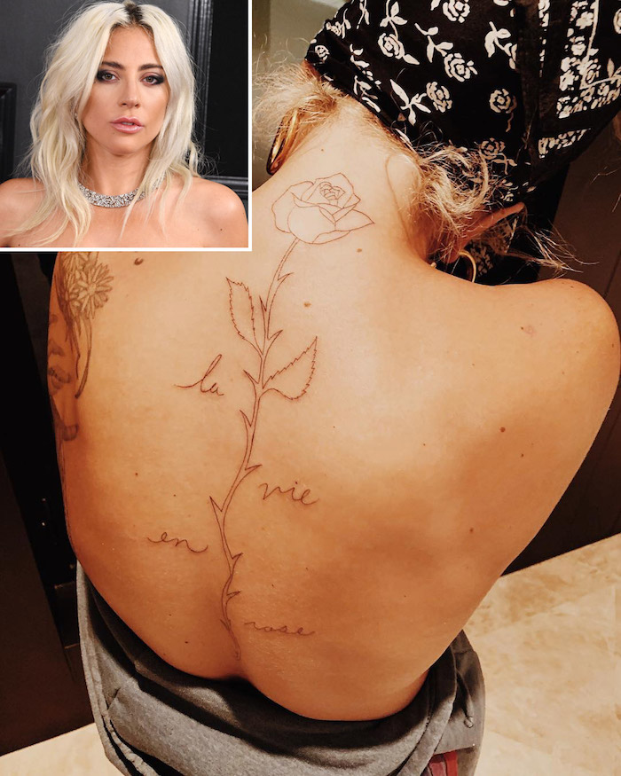 Les significations cachés derrière le nouveau tatouage de Lady Gaga, rose tatouage dos colonne vertebrale tatouage Gaga