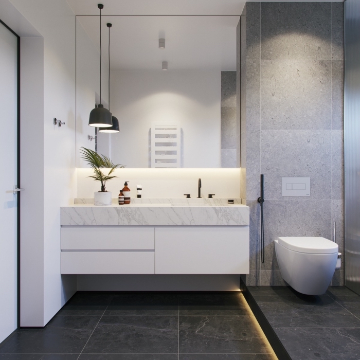 image salle de bain, décor contemporain d'une petite salle de bain avec toilette et cabine de douche, idée carrelage plancher gris anthracite