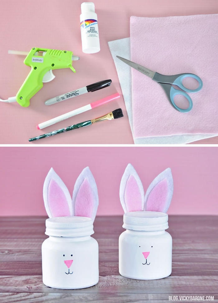 pot à bonbons coloré en blanc avec motif lapin dessiné sur le devant et des oreilles de feutrine, pot à bonbons et chocolats de paques diy