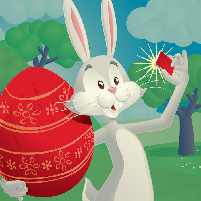 Le lapin de paques se fait un selfie avec l oeuf rouge, jolie photo oeuf de paques carte joyeuses pâques coloriage oeufs