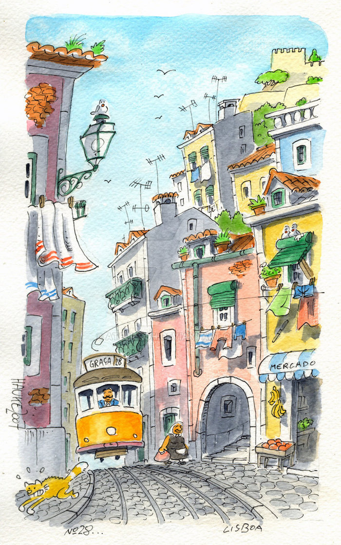 Lisbonne tramway jaune petits rues d'Alfama, idée dessin en perspective, dessin de paysage magnifique de rue etroite