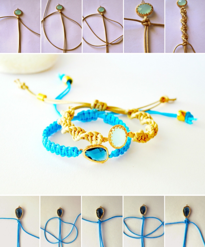 pas à pas noeud macramé facile, faire un noeud plat twisté, modèle de bracelet en fil de soie avec cristal et fermeture réglable