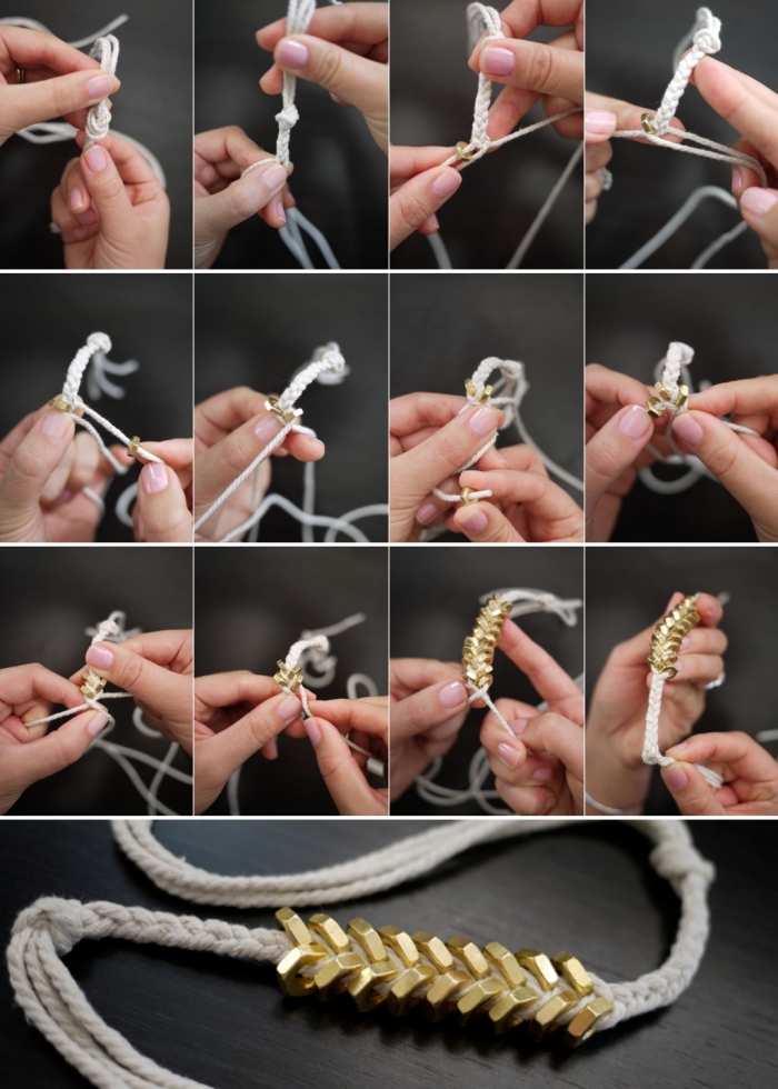 pas à pas pour créer un bijou original, macramé tuto facile, technique de fabrication bracelet en corde avec ornements dorés