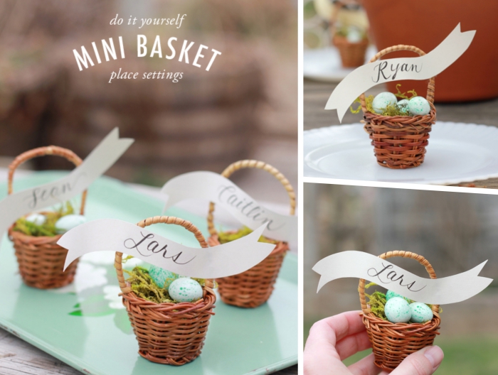 panier de paques maternelle, décorer un mini panier tressé naturel avec étiquette et oeuf bonbons en chocolat