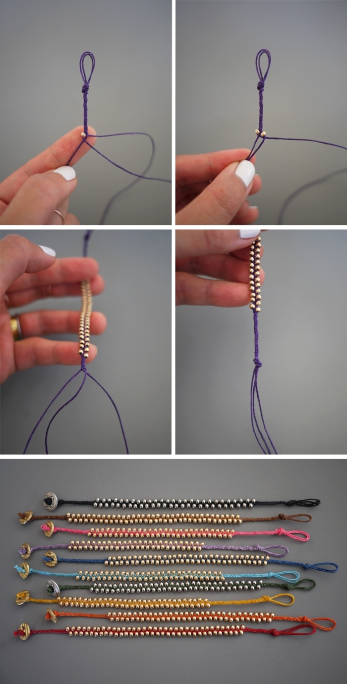 exemple comment réaliser un bracelet en fil macramé, décoration de bracelet tressés avec petites perles décoratives