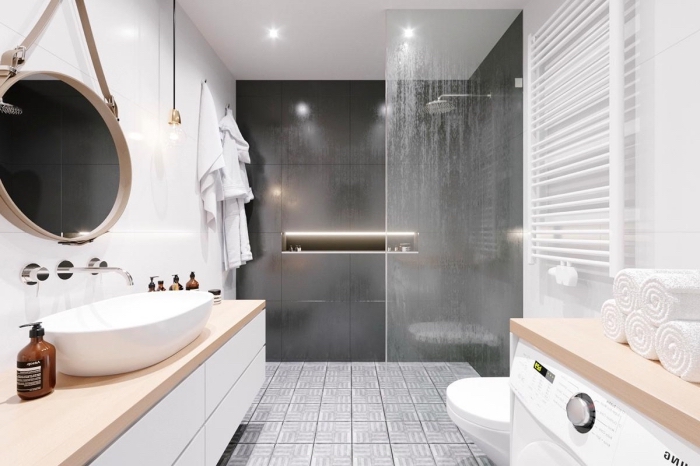 idée douche pluie dans une salle de bain moderne, déco salle de bain blanc et bois avec mur aux carreaux gris foncé