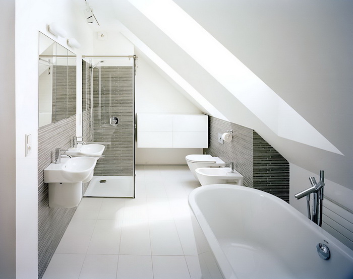 decoration en gris et blanc avec des éléments déco en gris, salle de bain douche et baignoire, wc suspendu, lavabos blancs, douche italienne