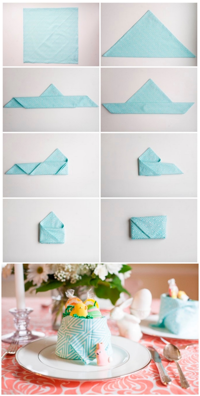 pliage serviette paques original pour réaliser un panier à bonbons, serviette graphique couler bleu ciel pliée en panier 