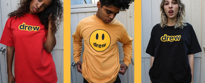 capture du site officiel de Drew, la marque de justin bieber et sa collection de tee shirts made in los angeles