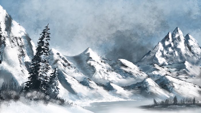 Neige et montagnes dessin, comment faire soi meme un dessin de paysage enneigé avec les montagnes et le lac