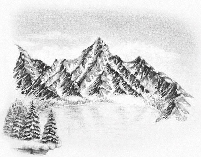 Montagnes enneigées, lac glacé dessin montagne, dessin neige, papier et crayon dessin facile a faire et beau, dessin de paysage
