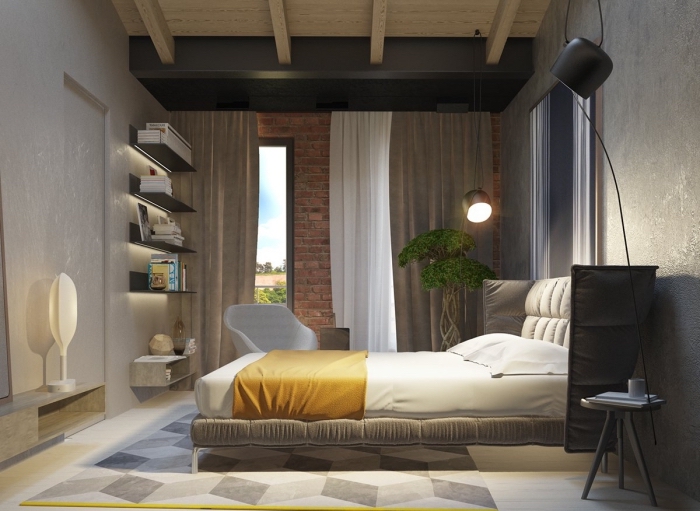 comment aménager une chambre à coucher contemporaine, déco pièce avec meubles bois et gris, exemple peinture effet sable