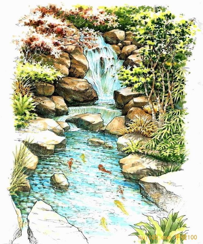 Riviere et chute d'eau paysage dessin chouette coloré, beauté dans la nature, dessin de paysage facile et beau