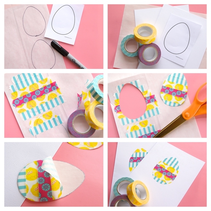 carte de paques à motif oeuf coloré décoré à bandes de washi tape à motifs variés, bricolage de paques pour enfant facile