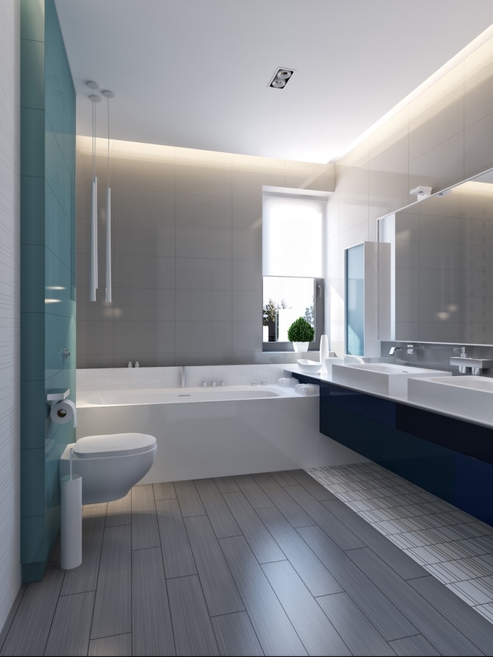 comment décorer une salle de bain gris et blanc avec mur de couleur bleu, exemple agencement salle de bain avec baignoire