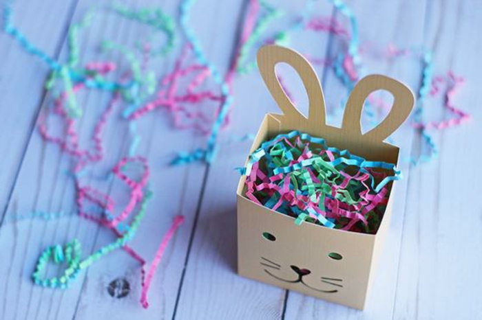 panier lapin en papier, plein de bandes de papier coloré, décoration de pâques à faire soi-même