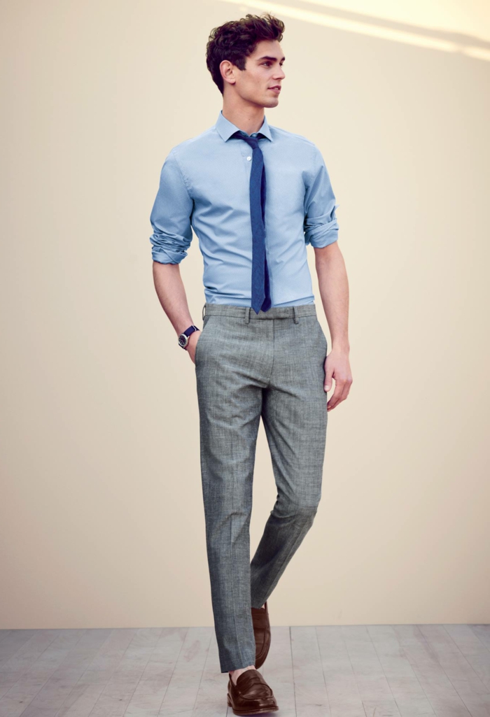 quelle couleur de vêtements pour un look professionnel, idée tenue d affaires décontractée homme en gris et bleu