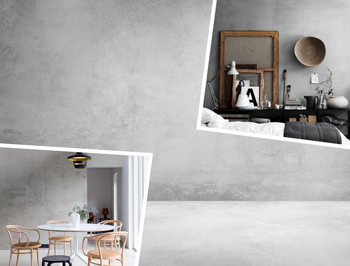 déco salle à manger aux murs gris avec meubles en bois et accessoires noir mate, idée peinture effet beton gris clair