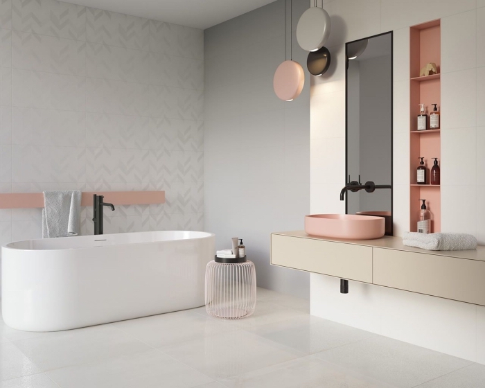 pinterest salle de bain, aménagement salle de bain avec rangement vertical ouvert de couleur rose pastel, modèle miroir rectangulaire à cadre noir