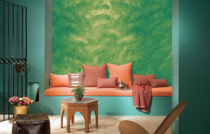 idée quelle peinture a effet pour un salon de style exotique, design intérieur moderne avec mur à effet vert sablé