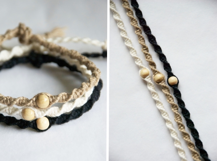 bracelet en fil macramé fait avec la technique noeud plat torsadé, modèle de bracelet diy en corde, art macramé facile pour faire des bijoux,