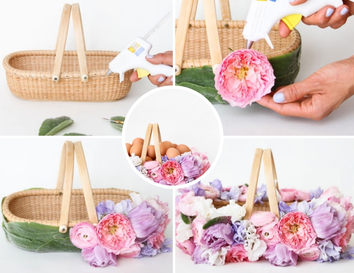 tutoriel facile pour décorer un panier en fibre naturel avec fleurs artificielles, exemple panier personnalisé pour le jour de Pâques
