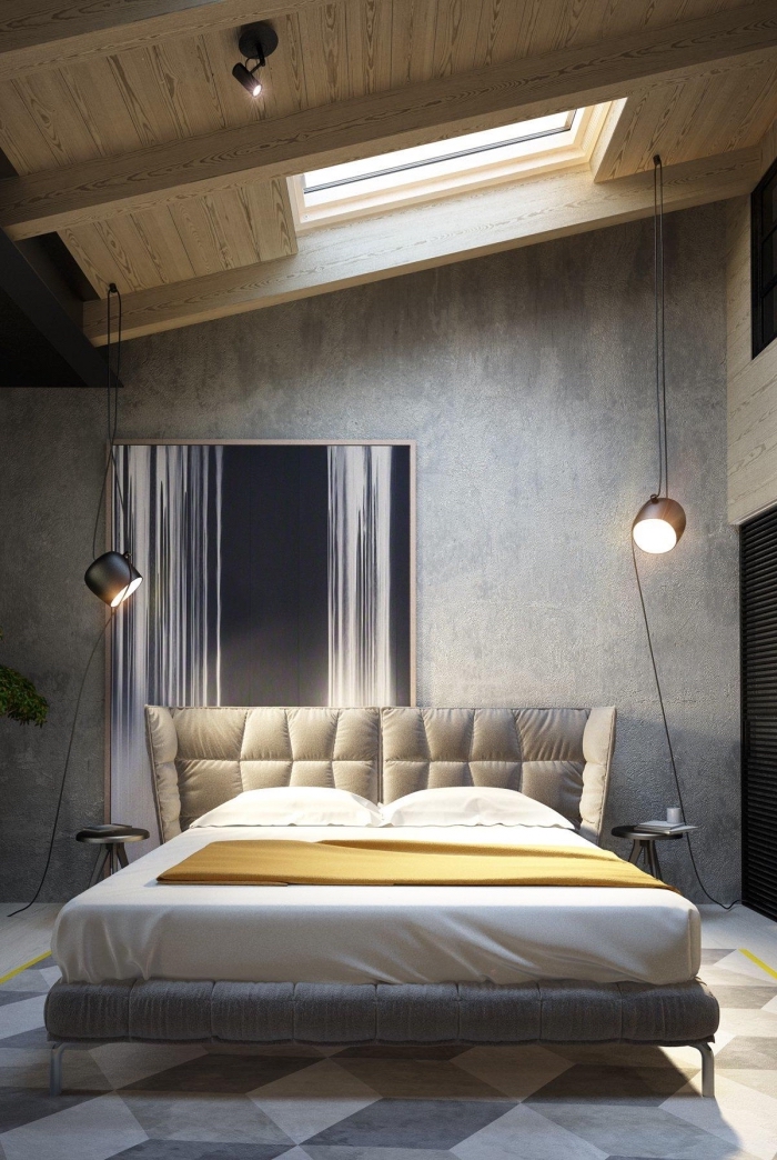 exemple peinture effet beton dans une chambre à coucher masculine, déco chambre grise et bois avec accessoires industriel