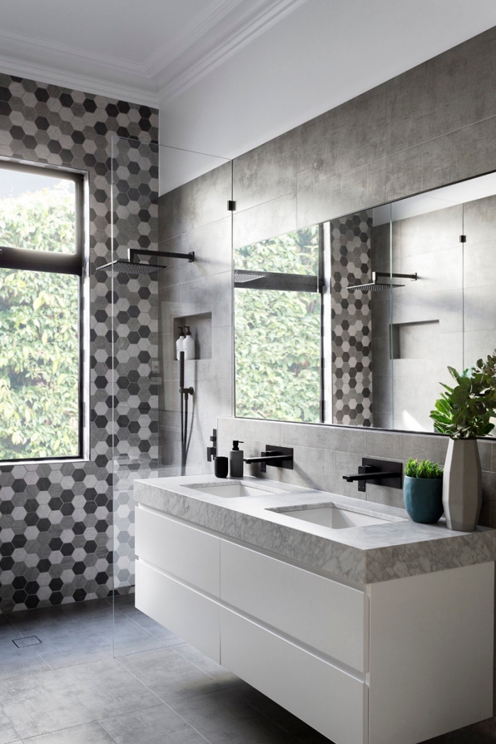 quelle couleur salle de bain moderne, modèle meuble bas salle de bain en blanc avec double vasque et comptoir marbre