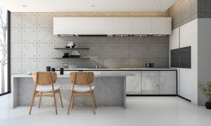 design contemporain esprit industriel dans une cuisine grise avec parquet blanc et armoires sans poignées, rangement mural étagère gris anthracite