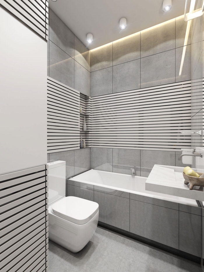 idée revêtement mural tendance salle de bain moderne, comment décorer une petite salle de bain avec carreaux gris