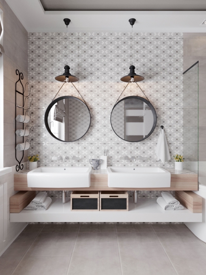 décoration de salle de bain avec double vasque, exemple de plafond suspendu avec éclairage de style industriel