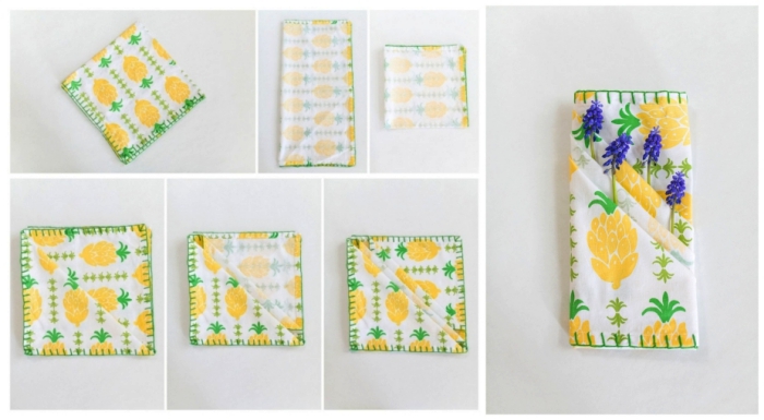 modèle de pliage serviette rapide, serviette à motifs fleurs pliée en pochette à couverts