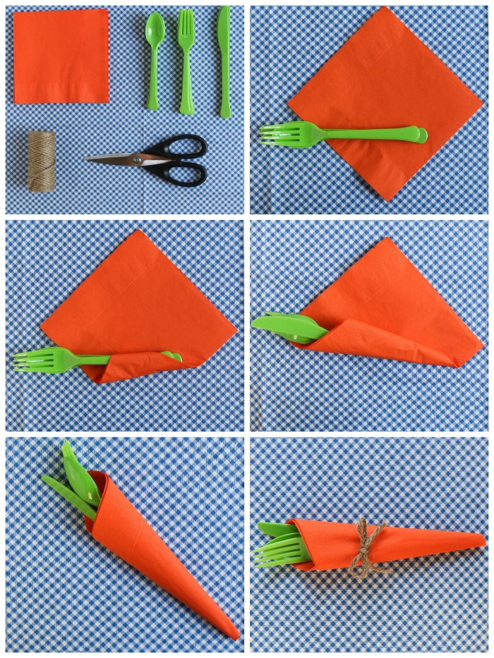 idée de pliage serviette rapide en forme de carotte noué avec une ficelle de chanvre, pochette à couverts façon carotte de pâques